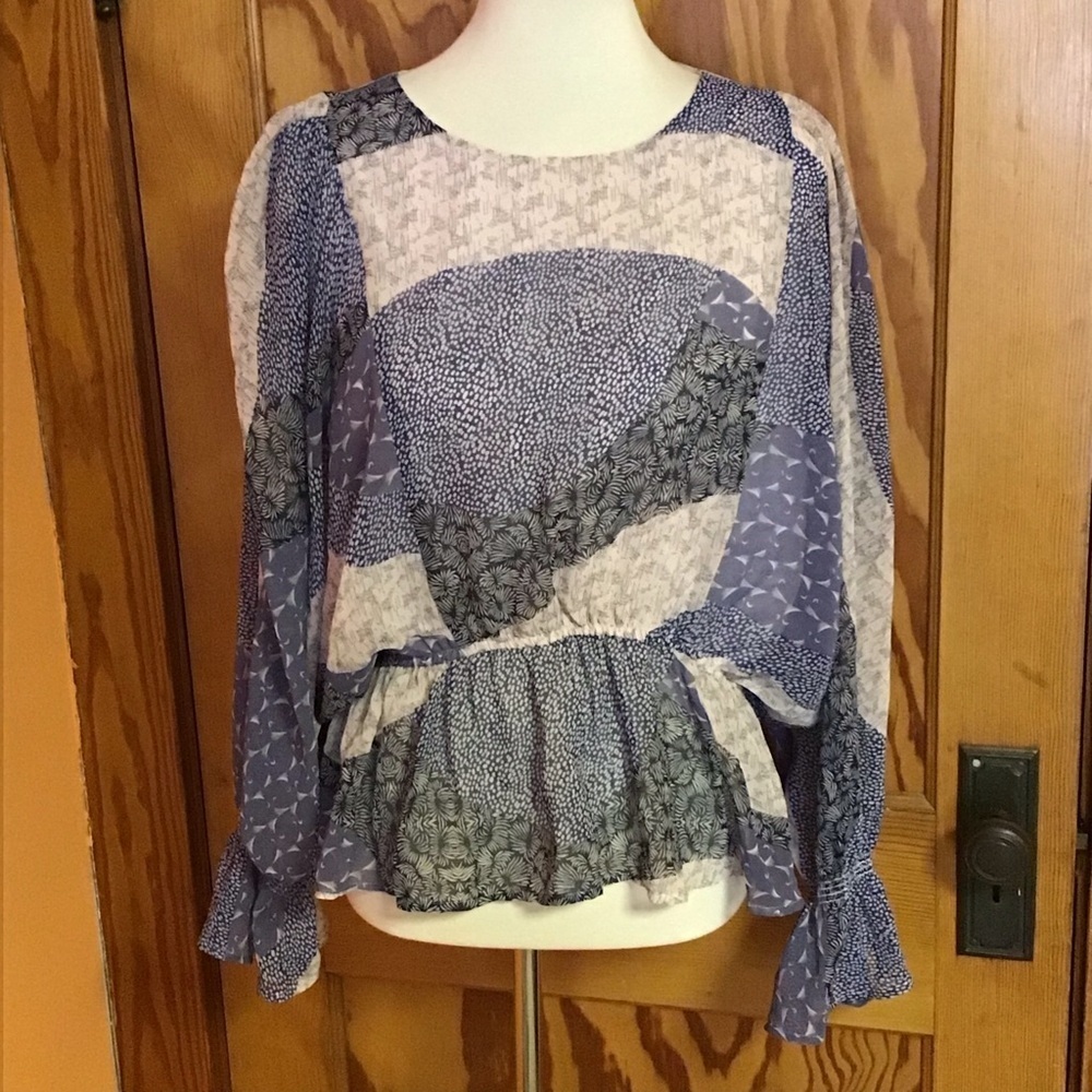 BB Dakota Patchwork Peplum Blouse Medium Boho Cottagecore Sheer Sleeve Ruffle - Picture 10 of 15